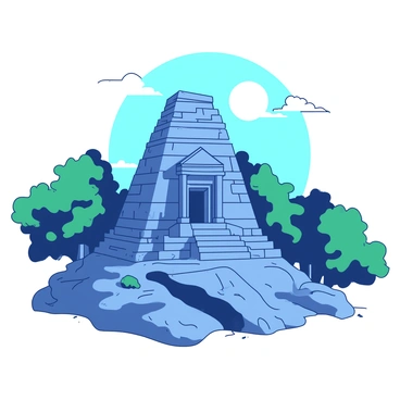 An ancient temple with weathered stone walls and intricate carvings stands majestically on a hilltop. The temple has a tall, pyramid-like structure with a flat roof and a single large door at the front, framed by ornate columns. Surrounding the temple are lush green trees that sway slightly in the cool evening breeze. A bright, full moon illuminates the scene, casting soft shadows and highlighting the details of the temple's architecture. Silvery light reflects off the stone surfaces, creating a tranquil atmosphere around the hilltop. The sky is dotted with a few sparse clouds, allowing the moonlight to bathe the temple in its serene glow.