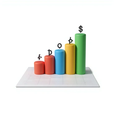 A colorful bar graph with distinct segments in red, blue, green, and yellow, rising prominently from a white financial report page. The graph shows various heights to represent different data points. Surrounding the graph are floating numbers in black, each displaying key financial figures. The background of the report page features faint grid lines to enhance the visual structure.