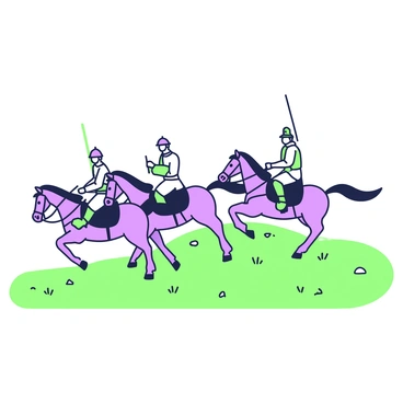 A group of toy soldiers, depicting cavalry troops, is charging across a green lawn. Each soldier is mounted on a tiny model horse, showcasing different poses as they gallop forward. The soldiers are wearing miniature uniforms, complete with helmets and saddles. The horses are intricately detailed, each in a different stance, creating a dynamic scene of movement. The lawn is lush and evenly trimmed, with small patches of grass blades visible beneath the toy figures. In the background, a few small pebbles are scattered, adding to the outdoor miniature environment.