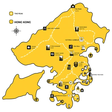 An illustrated map featuring a layout of Hong Kong, showcasing various marked spots known for their scenic vistas and photography opportunities. Each viewpoint is represented with distinctive icons, including "The Peak," "Victoria Harbour," and "Tsim Sha Tsui," all listed clearly. The map includes a transparent overlay of hills and urban structures, providing context to the locations. Roads and pathways connecting the viewpoints are depicted with dashed lines. A compass rose is placed in one corner of the map, with labels indicating cardinal directions. The overall design is organized and easy to read, facilitating navigation for photographers and sightseeing enthusiasts.