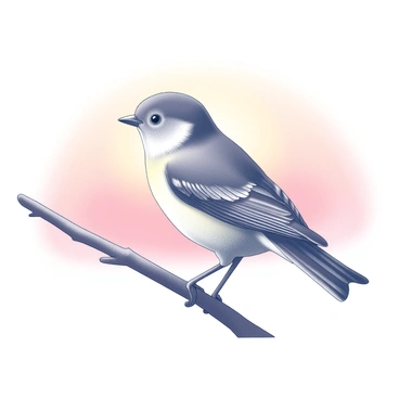 A chickadee is perched on a slender branch. The bird’s profile is clearly visible, featuring its distinctive rounded head and short, stout body. The background showcases a gradient of pink and orange hues, indicative of dawn breaking on the horizon. The soft morning light highlights the contours of the branch and the delicate features of the chickadee, creating a striking silhouette effect.