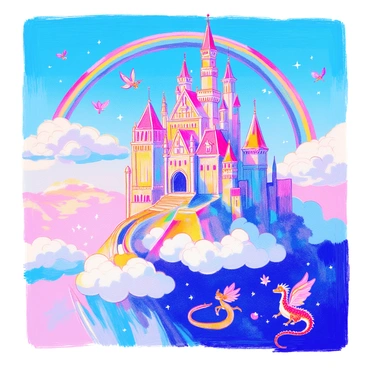 A majestic castle with tall, spiraling towers and intricate stonework is floating above a fluffy white cloud. The sky is bright blue, and a soft sunlight casts gentle shadows on the castle. Rainbows arc gracefully through the air, their vibrant colors creating a stunning contrast against the serene background. Magical creatures, including a delicate fairy with shimmering wings and a whimsical dragon with vibrant scales, hover near the castle. The scene is filled with a sense of wonder and enchantment, capturing the imagination.