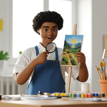 An artist with light brown skin and curly hair is holding a magnifying glass close to a small canvas painting. The artist is wearing a blue apron over a white shirt. The painting depicts vibrant colors and intricate details, capturing a landscape scene. The artist's expression shows concentration as they closely examine the brushwork and textures on the canvas. In the background, there are art supplies scattered on a table, including paint tubes and brushes. The setting is a well-lit studio with light streaming in from a nearby window.
