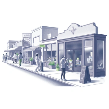 A streetscape of South Congress Avenue filled with various shops and street performers. The scene features eclectic storefronts with unique signage and styles, showcasing a variety of goods. Street performers are scattered along the sidewalk, including a musician playing an instrument and an artist creating a chalk drawing on the pavement. The architecture of the buildings varies, with some having large windows and outdoor seating, while others are adorned with plants or vibrant decorations. The atmosphere is lively, with pedestrians walking and engaging with the environment.