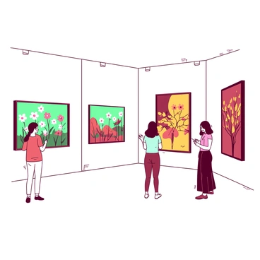 A white art gallery with smooth walls is filled with a series of large rectangular paintings. Each painting represents a different season, transitioning from vibrant colors of spring to the warm hues of autumn. The first painting features blossoming flowers in shades of green and pink, while the last painting displays autumn leaves in deep orange and yellow tones. Each artwork is framed in sleek black frames, and the gallery has soft lighting highlighting the details of each painting. Visitors can be seen admiring the art, with some taking notes on small white notepads.