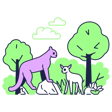A puma is positioned quietly on a rock, gazing at a shy fawn that is standing nearby in a glade. The puma has a sleek body with subtle features, highlighting its attentive expression. The fawn is partially hidden behind some tall grass, with its large eyes appearing curious yet cautious. Surrounding them are various trees that provide a sense of enclosure, with soft foliage creating a natural frame for the scene. Sunlight filters through the leaves, casting gentle shadows on the ground.