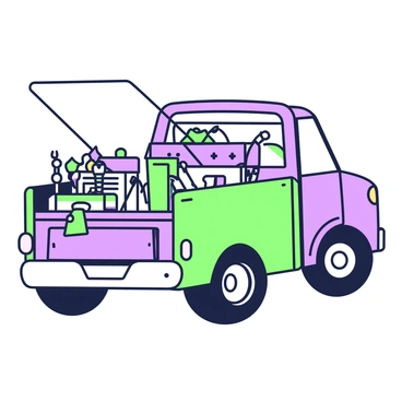 A truck is parked with its back open, revealing a well-organized tool storage system. Inside the bed of the truck, there are several neatly arranged toolboxes and bins. The toolboxes are labeled for easy identification, and various hand tools, such as wrenches and screwdrivers, are organized in specific compartments. There are also power tools secured in place, with cords wrapped neatly to prevent tangling. The truck's interior is equipped with additional storage compartments, showing an attention to detail and practicality for easy access to tools. The truck itself has rugged tires and a sturdy frame, indicating it is built for heavy-duty use.