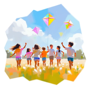 A group of children of diverse backgrounds is flying colorful kites in an expansive open field. The sky is bright blue with a few fluffy white clouds floating by. Each child is holding the string of a different kite, which is dancing in the wind above them. The grass is a vivid green, and the children are wearing casual, colorful clothing suitable for a breezy day. Some children are running joyfully while others are laughing and watching their kites soar high. In the background, there are distant trees that add depth to the scene.