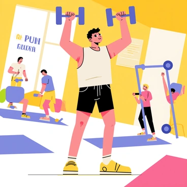 A gym interior with bright lighting and colorful gym equipment. A person with an athletic build is lifting a heavy dumbbell over their head, showcasing their determination. Sweat is glistening on their forehead, and their facial expression reflects focus and perseverance. The floor is adorned with various types of gym mats and weights. In the background, other individuals are seen engaging in different workouts, adding to the atmosphere of motivation and energy. A motivational poster on the wall reads "Push Your Limits" in bold letters.