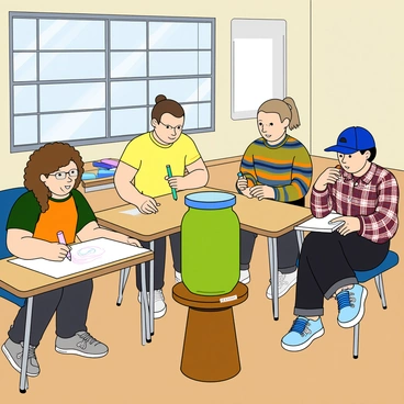A group of four students in an art school classroom, each engaged in sketching a pickle jar model. The first student, with curly hair and wearing glasses, is focused on a large sketchpad, drawing the curves of the jar with a pencil. The second student, sporting a ponytail and a bright yellow t-shirt, is using colorful markers to outline the jar with bold lines. The third student, with short hair and a striped sweater, is carefully shading parts of the jar to depict shadow. The fourth student, wearing a blue cap and a plaid shirt, is observing the model intently while holding a sketchbook in their lap. The classroom is filled with various art supplies scattered across tables, and sunlight streams through large windows illuminating the scene. In the center of the room, a glass pickle jar sits on a small pedestal, showcasing its round shape and labeled with a tag that reads "Pickle Jar Model."