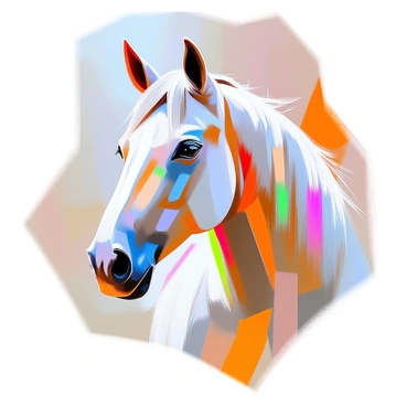 A close-up view of a horse's head depicted through an array of geometric shapes. The horse's features are rendered with sharp angles and vibrant colors, including shades of blue, orange, and green. The eye is emphasized with a bold triangular shape, while the mane appears as a series of overlapping rectangles and trapezoids. The background is filled with complementary shapes that enhance the horse's form and color. The overall composition is dynamic, drawing attention to the unique structure and expression of the horse's head.