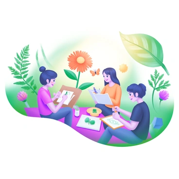 A pastel illustration depicting a group of five illustrators gathered in a botanical garden. Each illustrator is seated on a picnic blanket with sketchbooks and pencils. One illustrator is sketching a large, vibrant flower while another is drawing a leafy plant. A third illustrator is observing a butterfly perched on a nearby blossom. In the background, there are various plants, including tall ferns and colorful blooming flowers. Sunlight filters through the trees, creating a warm ambiance. The scene captures the joy of creativity in nature.
