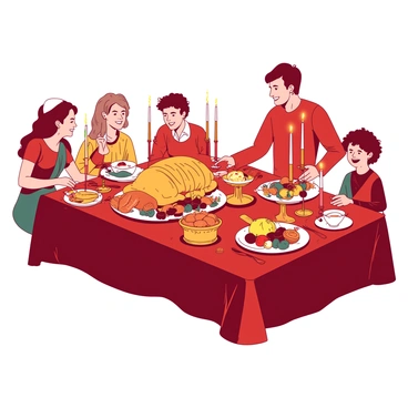 A red table is set for a festive dinner with a variety of dishes representing different religious holidays. The table is surrounded by a diverse family, consisting of members from different backgrounds, all smiling and engaging in conversation. In the center of the table, there is a large challah bread alongside a golden turkey and beautifully arranged fruit platters. Colorful candles are placed in ornate holders, illuminating the scene with a warm glow. There are decorative elements such as small religious symbols and flowers that enhance the festive atmosphere.