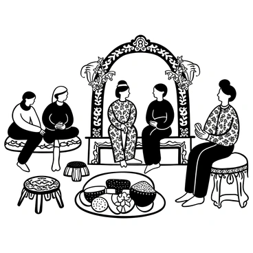 A traditional Malay wedding ceremony taking place in a beautifully decorated setting. The scene features a couple dressed in elaborate cultural attire, with the bride wearing a detailed baju kurung and intricate accessories, while the groom is in a traditional songket with matching headgear. Surrounding them are colorful decorative elements, including intricate batik patterns and ornate floral arrangements. Many guests in traditional clothing are seated on ornate cushions, and a ceremonial arch adorned with vibrant fabrics is visible in the background. A beautifully arranged platter of traditional Malay food is placed prominently on a low table nearby, completing the festive atmosphere.