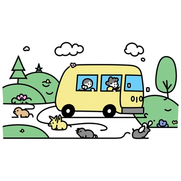 A catbus, shaped like a large cat with elongated body and windows, is traveling down a winding road through a vibrant countryside. The countryside features rolling green hills dotted with colorful flowers and tall trees. Various animals, such as rabbits and birds, are seen curiously approaching the catbus, while a few whimsical passengers, including a child and a small dog, peek out of the windows. The sky is clear with fluffy white clouds drifting by. The scene captures a playful and inviting atmosphere.