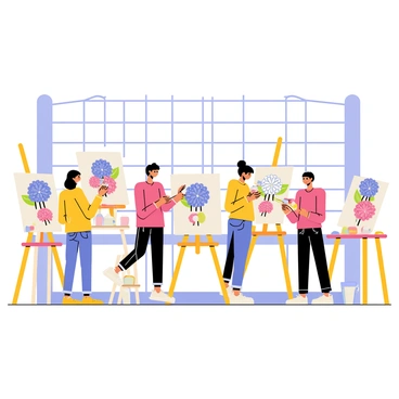 An art class in a bright studio where students are painting hydrangeas from real life.