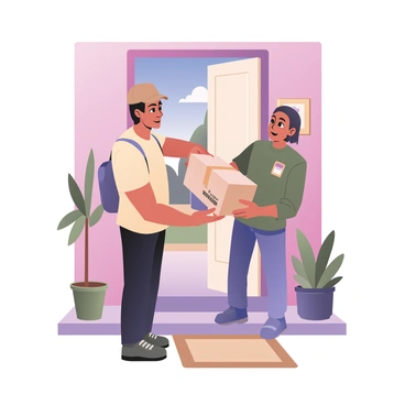 A customer is standing at their front door, smiling as they receive an online order package from a delivery person. The delivery person is wearing a uniform, with a cap and a logo on their shirt, holding the package out towards the customer. The customer has medium skin and short brown hair, dressed in a casual t-shirt and jeans. The doorway is decorated with a potted plant on either side, and a welcome mat is visible on the ground. The background shows a sunny day with a clear blue sky. The package has a visible label with "Your Order" printed on it.