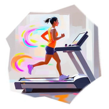 An energetic person with medium skin tone and short black hair, running vigorously on a treadmill. The individual is wearing bright athletic clothing that contrasts with the treadmill's sleek design. Surrounding the treadmill, glowing pathways in vibrant colors swirl and twist, visually representing a fast metabolism. The pathways appear dynamic and fluid, highlighting the person's movement and energy as they exercise. The gym environment features minimal equipment in the background, keeping the focus on the person and the glowing pathways.