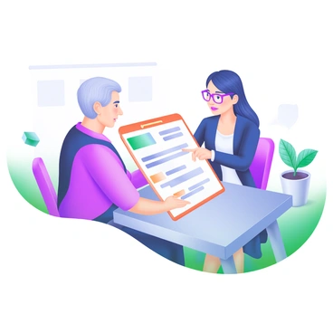 A modern pastel illustration depicting a client and a lawyer seated at a sleek, contemporary table. The client, a middle-aged person with short hair, is leaning slightly forward, intently examining a document. The lawyer, a young woman with glasses and long hair, is pointing to a specific section of the contract of indemnity while maintaining eye contact. The document is prominently placed in front of them, with key terms highlighted in bright colors. The background features soft, muted tones, and a small potted plant adds a touch of greenery to the setting.
