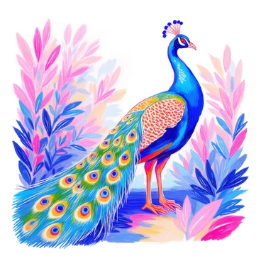 A vintage-styled illustration of a paon with intricate feather patterns