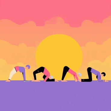 A vibrant sunset with shades of orange and purple fills the background. In the foreground, there are silhouettes of several people in various poses, specifically performing side planks. The figures are dynamic, showcasing different body shapes and sizes, while maintaining their focus and balance. The ground beneath them is flat and even, emphasizing their poses against the colorful sky. The scene captures the essence of an evening yoga session.