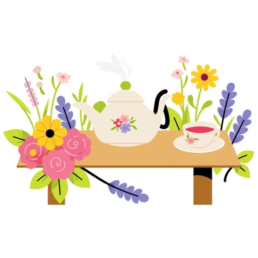 A "cozy tea setting" featuring a "ceramic teapot" with a floral design placed on a "wooden table." Next to the teapot is a "delicate tea cup" filled with steaming tea, also adorned with floral patterns. Surrounding the table is a vibrant "garden of blooming flowers," showcasing various colors such as "pink roses," "yellow daisies," and "purple lavender." The flowers are lush and full, creating a warm and inviting atmosphere. Soft green leaves add texture to the scene, contributing to the overall peaceful garden setting.