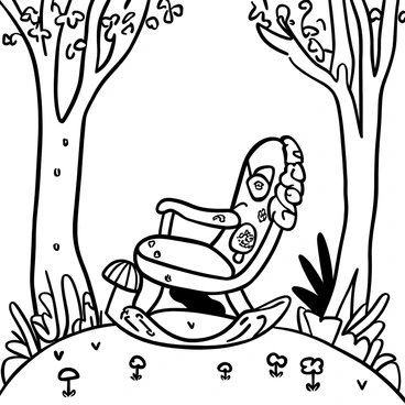 A fairy-tale themed rocking chair is positioned on a bed of soft, lush grass in a magical forest. The rocking chair is intricately carved with whimsical designs of leaves and flowers. Surrounding the chair, tall, slender trees with winding branches create a canopy that filters light in an enchanting manner. Delicate mushrooms with unique shapes and textures are scattered around the base of the chair. The ground is adorned with various plants and flowers, contributing to the mystical ambiance of the scene.