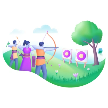 A modern pastel illustration depicting a group of archers standing in a lush, green field. Each archer is dressed in traditional archery attire, featuring tunics and quivers filled with arrows. They are focused on their targets, which are circular bullseyes positioned at various distances in front of them. The field is vibrant with tall, swaying grass and scattered wildflowers, while trees border the scene in the background. Sunlight filters through the leaves, casting gentle shadows on the ground as the archers take aim with their bows.