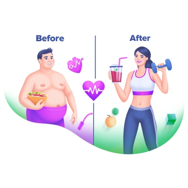 A modern pastel illustration depicting a "Before" and "After" scenario of a person becoming fit. On the left side, the "Before" section features a person with a slightly larger body and a tired expression, holding a fast-food item. On the right side, the "After" section shows the same person with a toned physique, wearing sporty attire and smiling, holding a healthy smoothie. Between the two sections, an illustration of a heart with an arrow indicating improvement in heart health is present, along with icons such as a heartbeat line, a dumbbell, and fruits, symbolizing fitness and wellness.