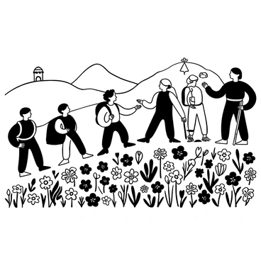 A group of medieval travelers with backpacks hiking up a hillside. The travelers wear tunics and cloaks, with some carrying walking sticks. The hillside is covered in blooming spring flowers with various shapes and sizes, creating a dense carpet of petals. In the background, there are rolling hills and a clear sky. Some travelers are pointing towards a distant landmark, while others are engaged in conversation.