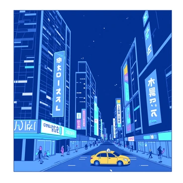 A blue cityscape at night is filled with tall skyscrapers, their windows reflecting the glow of the surroundings. Neon-colored signs in various shapes and sizes illuminate the streets below, casting vibrant hues on the pavement. Streets are bustling with people walking, while a yellow taxi cab is parked at the curb, its headlights on. The sky is a deep navy, dotted with a few distant stars, providing a stark contrast to the bright lights of the city.