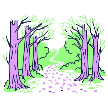 A forest path stretches through a dense woodland. Tall trees line the path, and their windswept branches arch overhead, creating a natural tunnel effect. The branches intertwine, forming a canopy that filters light, and leaves rustle gently in the breeze. The ground is covered in a rich layer of fallen leaves and twigs, leading deeper into the forest. In the distance, a slight curve in the path hints at hidden surprises waiting to be discovered.