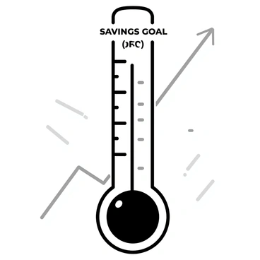 A thermometer graphic designed vertically, with a sleek outline and markings along its side. The bulb of the thermometer is fuller near the bottom, indicating a savings goal being approached. The thermometer is labeled clearly with "Savings Goal" at the top, and the current amount saved is indicated with a line reaching upwards, showing progress. The background features light lines to suggest a sense of upward movement, enhancing the focus on the thermometer itself.