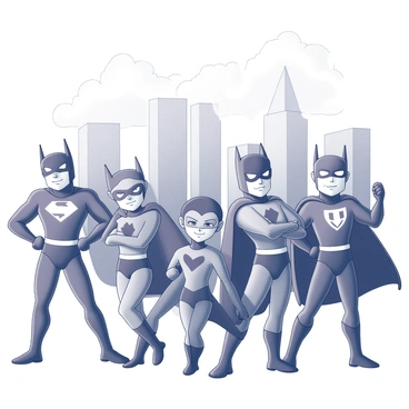A team of superhero mascots stands together in a cityscape, showcasing their distinctive costumes. Each mascot has a unique design with bold features, including capes, masks, and emblems on their chests. The mascots are striking dynamic poses that convey strength and confidence. In the background, tall buildings rise into the sky, and the overall scene is bustling with urban life. The sky above is filled with clouds, adding depth to the composition. The cityscape reflects the vibrant energy of the superheroes, highlighting their heroic presence.
