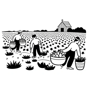 Farmers in wide-brimmed hats working diligently in a vast field of tulips, with rows of vibrant blooms stretching into the distance. Each farmer is bending down to gather the tulips, placing them into large woven baskets filled to the brim with the freshly cut flowers. The scene captures the rhythm of their movements under a clear sky, with a gentle breeze rustling the tulips around them. In the background, a wooden barn stands among patches of greenery, completing the idyllic farm landscape.