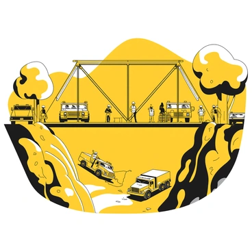 A group of engineers in safety helmets and reflective vests are working together to assemble a temporary bridge made of metal beams over a deep ravine. Some engineers are using tools to secure the beams, while others are measuring and checking the alignment. In the background, several army vehicles, including trucks and armored personnel carriers, are parked on either side of the ravine, waiting for the bridge to be completed. There are thick trees lining the sides of the ravine, and the ground is covered in dirt and gravel, indicating a construction site.