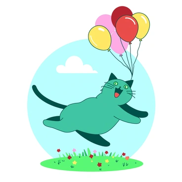 A fat teal cat with bright green eyes is playfully chasing after a cluster of colorful balloons that are rising into a light blue sky. The cat is leaping with one paw extended, its fluffy body slightly off the ground. The balloons are various shades of red, yellow, and pink, all floating away with delicate strings attached. Below, a grassy field is visible, with small flowers scattered throughout, creating a lively scene of playful energy.