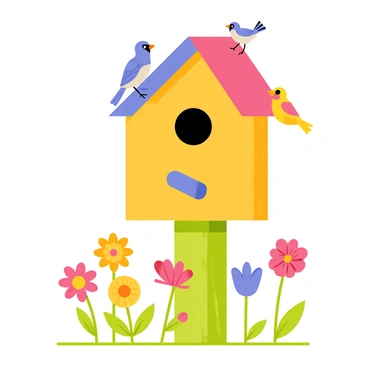 A brightly painted birdhouse with a mix of red, blue, and yellow colors, featuring a small entrance hole at the front. The birdhouse is perched on a green wooden post. Surrounding the birdhouse are various blooming flowers, including pink daisies, yellow sunflowers, and purple violets, creating a vibrant garden scene. Small, colorful birds, such as blue jays and yellow finches, are perched on the edges of the birdhouse and flitting around the flowers, adding liveliness to the setting.