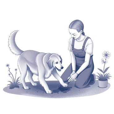 A golden retriever 'helping' in the garden, playfully digging alongside a gardener