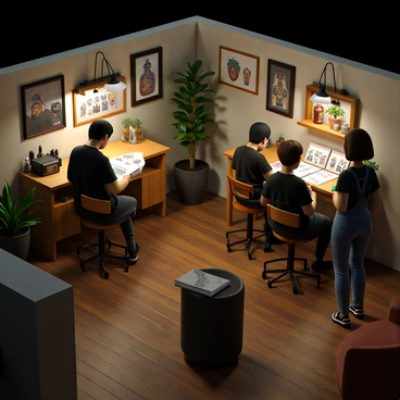 A small tattoo parlor with warm, dim lighting and wooden floors. On one side, an artist with short black hair and a tattooed arm is focused on sketching intricate designs on a piece of paper, sitting at a sturdy wooden table. The artist is wearing a black t-shirt and an apron. On the opposite side, a client with long brown hair and casual clothing is standing, browsing through an open portfolio filled with colorful tattoo designs. The walls of the parlor are adorned with framed artwork and various tattoo supplies are neatly arranged on shelves. A cozy atmosphere is created by the presence of potted plants and comfortable seating in the corners.