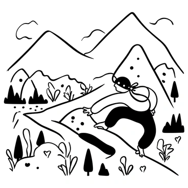 A frog wearing a bandana is climbing on a mountain trail, surrounded by rocky terrain. The path winds upward, lined with bushes and small plants. In the background, towering mountains with jagged peaks rise against the sky. Below, a valley stretches out, filled with intricate details of trees and a winding river. The frog is focused on the climb, with its limbs positioned in a dynamic pose, conveying movement and determination.
