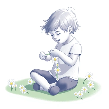 A child sitting on green grass, focused on assembling a daisy chain. The child has a joyful expression, with hair slightly tousled by a gentle breeze. Around the child, several daisies are scattered, showing their simple, white petals and yellow centers. The sky above is vast and clear, emphasizing the outdoor setting. The child's hands are busy plucking flowers, creating a delicate string of daisies, while the body is relaxed, legs crossed.