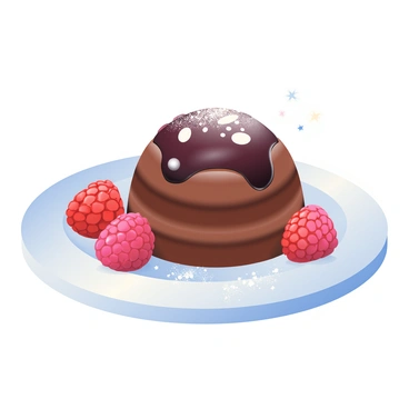 A decadent chocolate dessert garnished with ripe raspberries on a plate