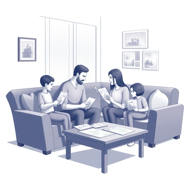 A family of four is seated on a large, plush couch in a cozy living room. The father is holding several brochures in his hands, examining the images closely. The mother sits beside him, leaning in with an interested expression as she points to a particular brochure. Two children, a boy and a girl, are nestled together at the end of the couch, each holding their own brochure. The room is decorated with family photos and a coffee table in front of them is cluttered with more brochures and a map of potential holiday destinations.