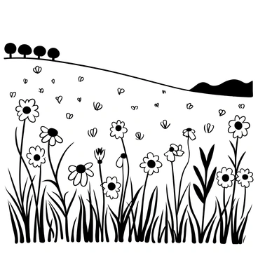 A vast meadow filled with various wildflowers, prominently featuring "daisies" scattered throughout. Tall grass sways gently in the breeze, creating a textured appearance across the landscape. In the distance, a line of trees marks the boundary of the meadow, their trunks and branches silhouetted against the open sky. A small hill rises on one side of the meadow, adding depth to the scene. The scene is filled with intricate details of plant life, capturing the essence of springtime.