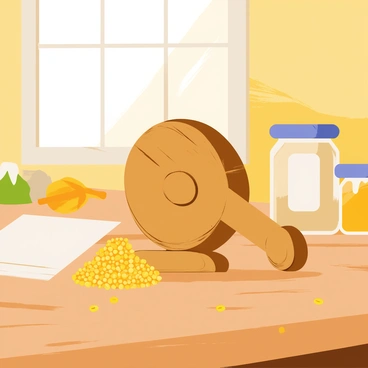 A rustic wooden grinder placed on a farmhouse table made of aged wood. The grinder is filled with small, round mustard seeds spilling slightly over the edges. The table features visible wood grain and a few scattered mustard seeds around the grinder. In the background, there is a hint of farmhouse decor such as a simple cloth napkin and a jar of honey. Light from a nearby window casts a warm glow across the scene.
