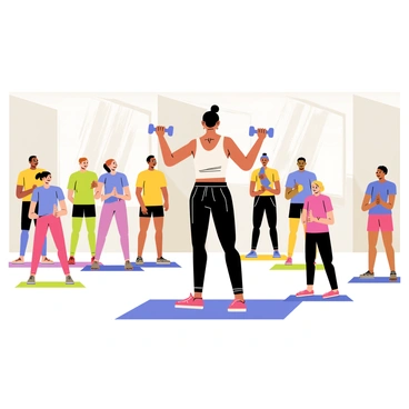 An instructor standing at the front of a fitness class, demonstrating "renegade rows." The instructor is wearing a fitted tank top and workout leggings and is positioned on a yoga mat. In each hand, the instructor is holding a blue dumbbell. A group of diverse participants is gathered around, attentively watching and mimicking the instructor's movements. The participants are dressed in colorful workout attire, and some are using mats while others are using towels on the floor. The background features a bright, spacious gym environment with large mirrors and motivational posters on the walls.