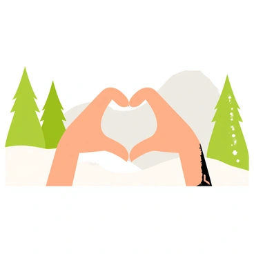Two hands are positioned together, forming a heart shape. The background features a snowy, wintry landscape with a blanket of white snow covering the ground. Tall pine trees with green needles are scattered throughout the scene, some dusted lightly with snow. The sky above is a soft gray, indicative of a chilly winter day.