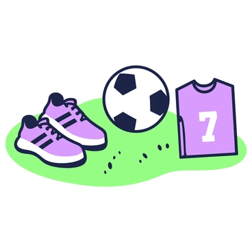 A flat lay of soccer gear including shoes, a ball, and a jersey on a grassy surface.