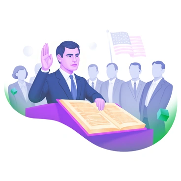 A modern pastel illustration depicting a new president taking an oath with their right hand raised. The president is dressed in a formal suit and has a serious expression. Their left hand rests on an open historical book, which displays ornate pages with classic text. The background features a softly lit setting, with a flag subtly visible. Surrounding the scene are faint outlines of spectators, including a mix of men and women dressed in formal attire, all observing the moment with focused expressions.